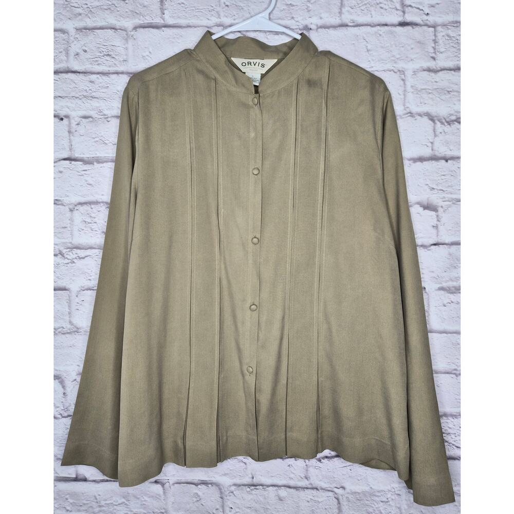 Orvis 100% Silk Blouse Large L Taupe Pleated Front Mandarin Collar Minimalist